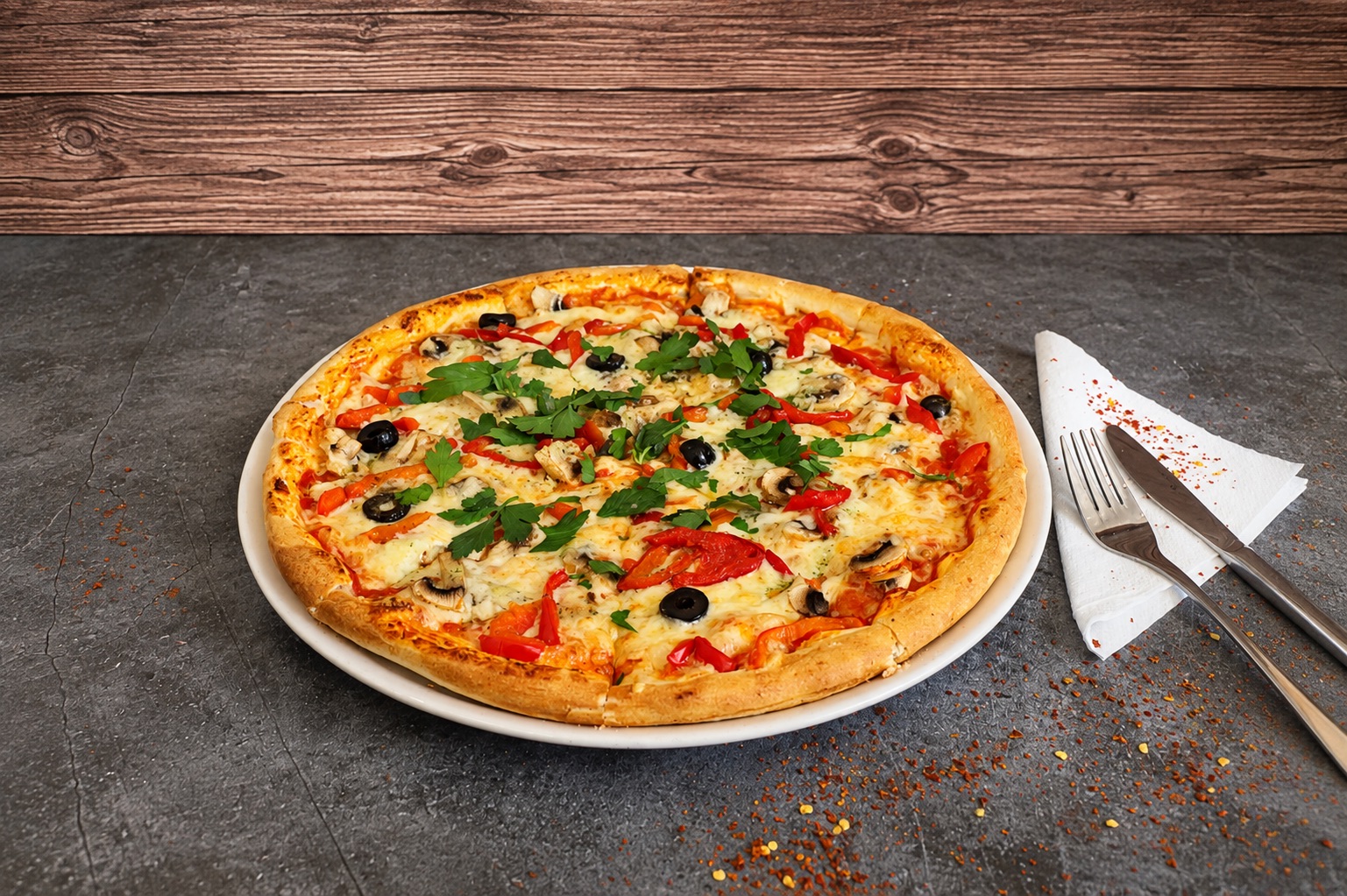 Pizza mit Champignons, Paprika, Oliven und frischer Petersilie